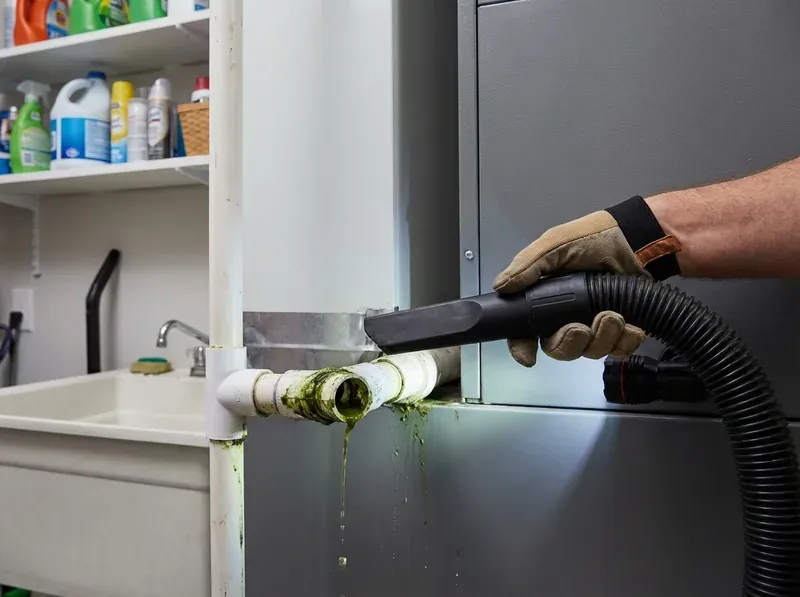 AC condensate drain line being cleared with wet-dry vacuum