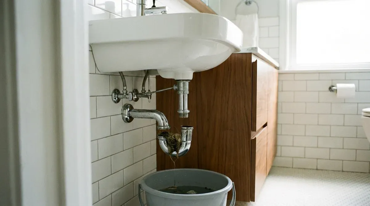 bathroom sink P-trap partially disassembled showing where clogs form