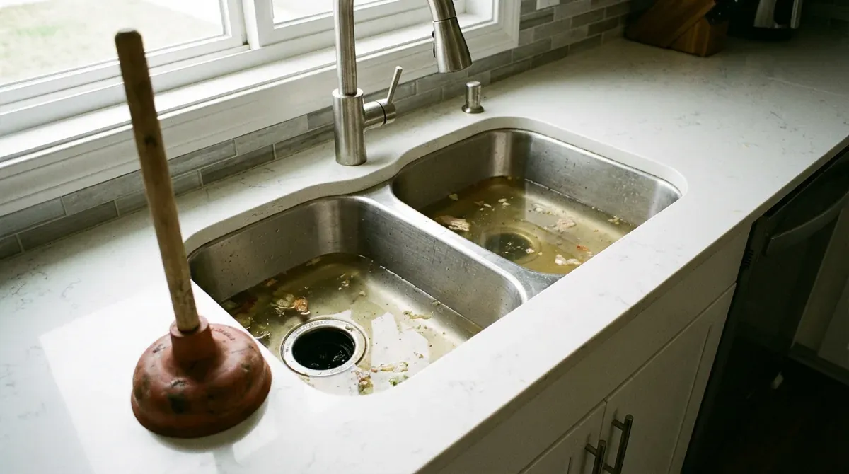 kitchen sink with standing water and plunger showing clogged drain
