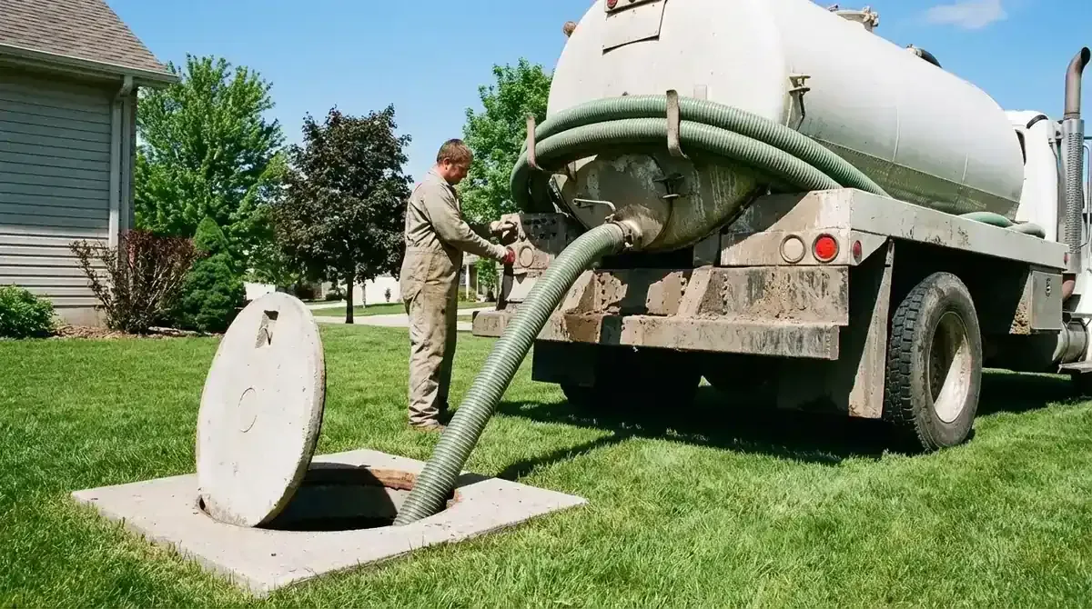 septic tank pumping service truck with vacuum hose connected to open tank