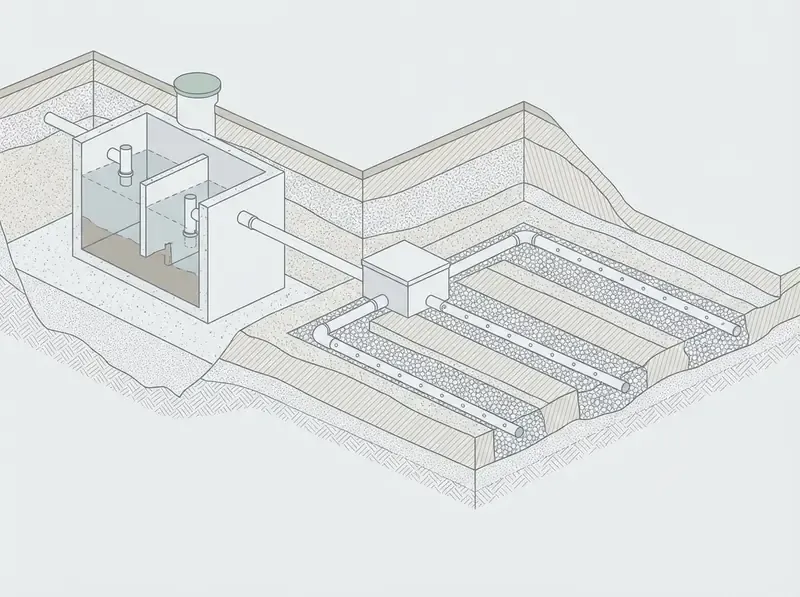 isometric cross-section of septic tank and drain field system