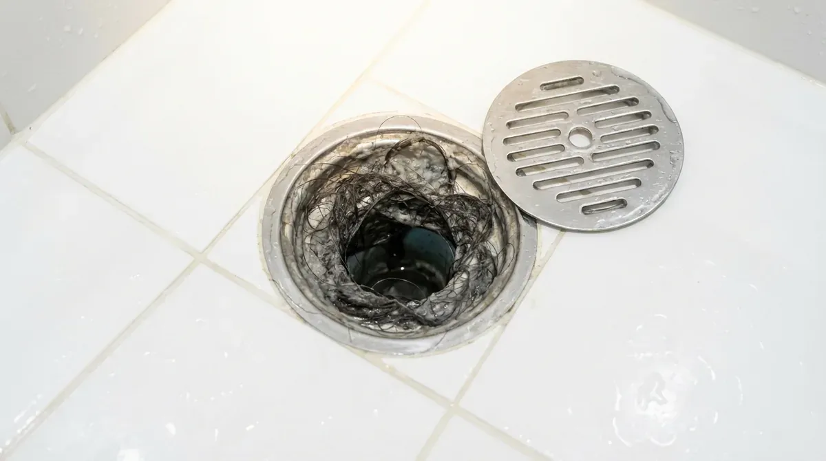 shower drain with cover removed showing hair clog buildup