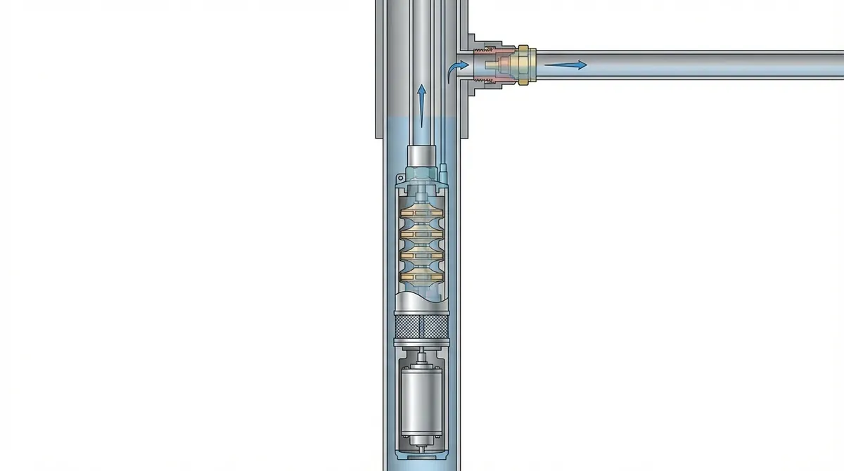 cutaway diagram of submersible well pump showing motor and impeller stages