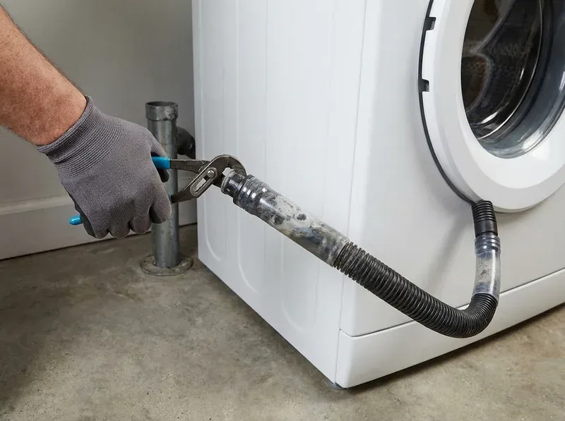 washing machine drain hose disconnected from standpipe showing lint buildup
