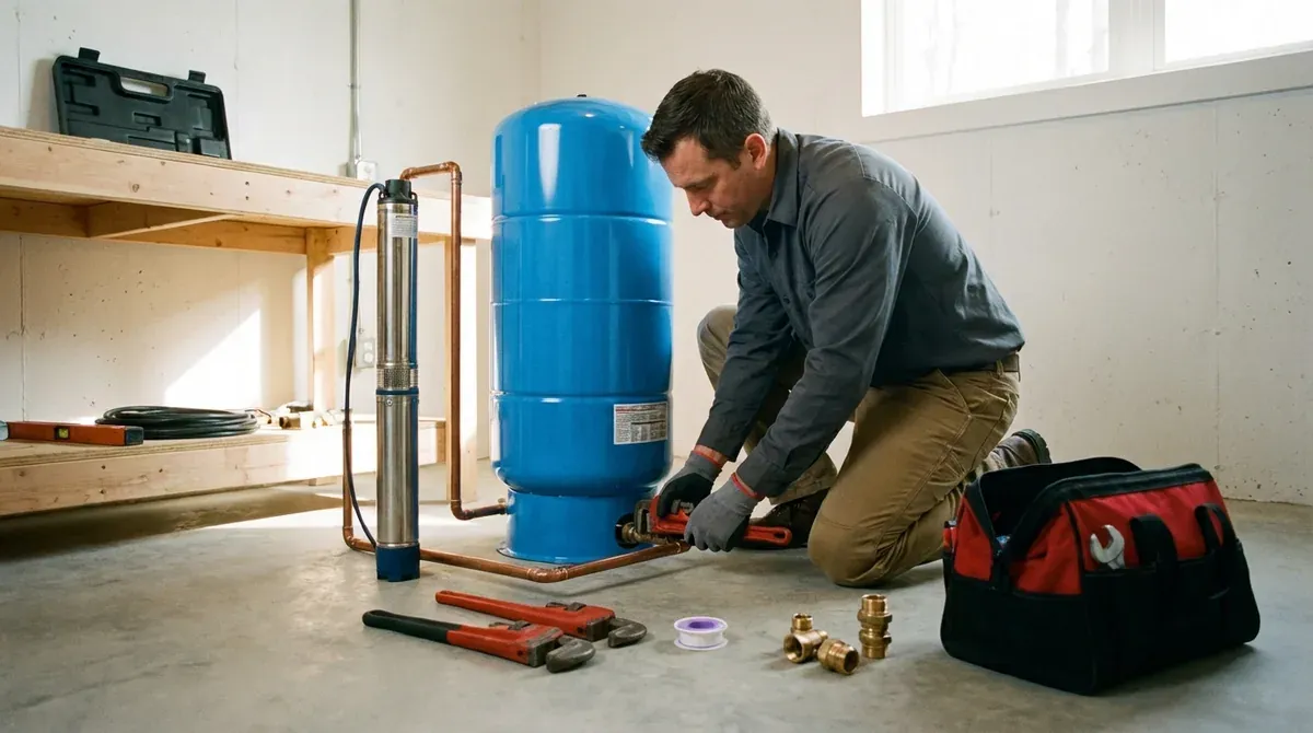 plumber installing well pump and pressure tank in residential basement