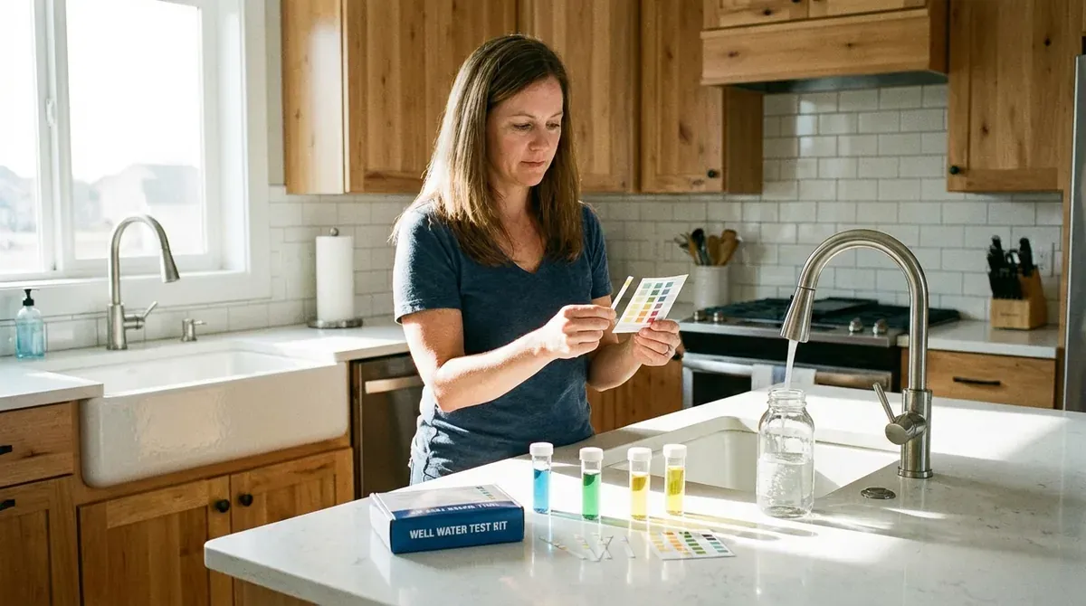 homeowner testing well water quality with test strips and sample vials